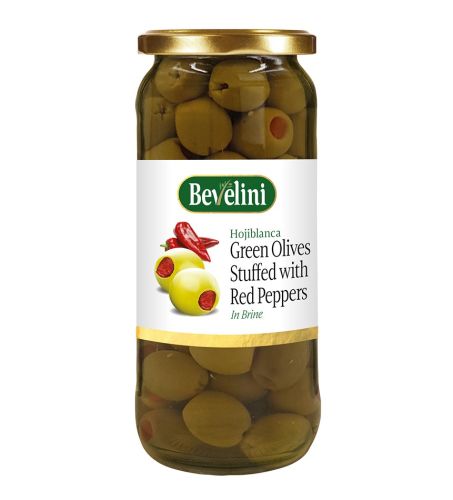 BEVELINI HOJIBLANCA GREEN OLIVES STUFFED WITH RED PEPPERS 340G